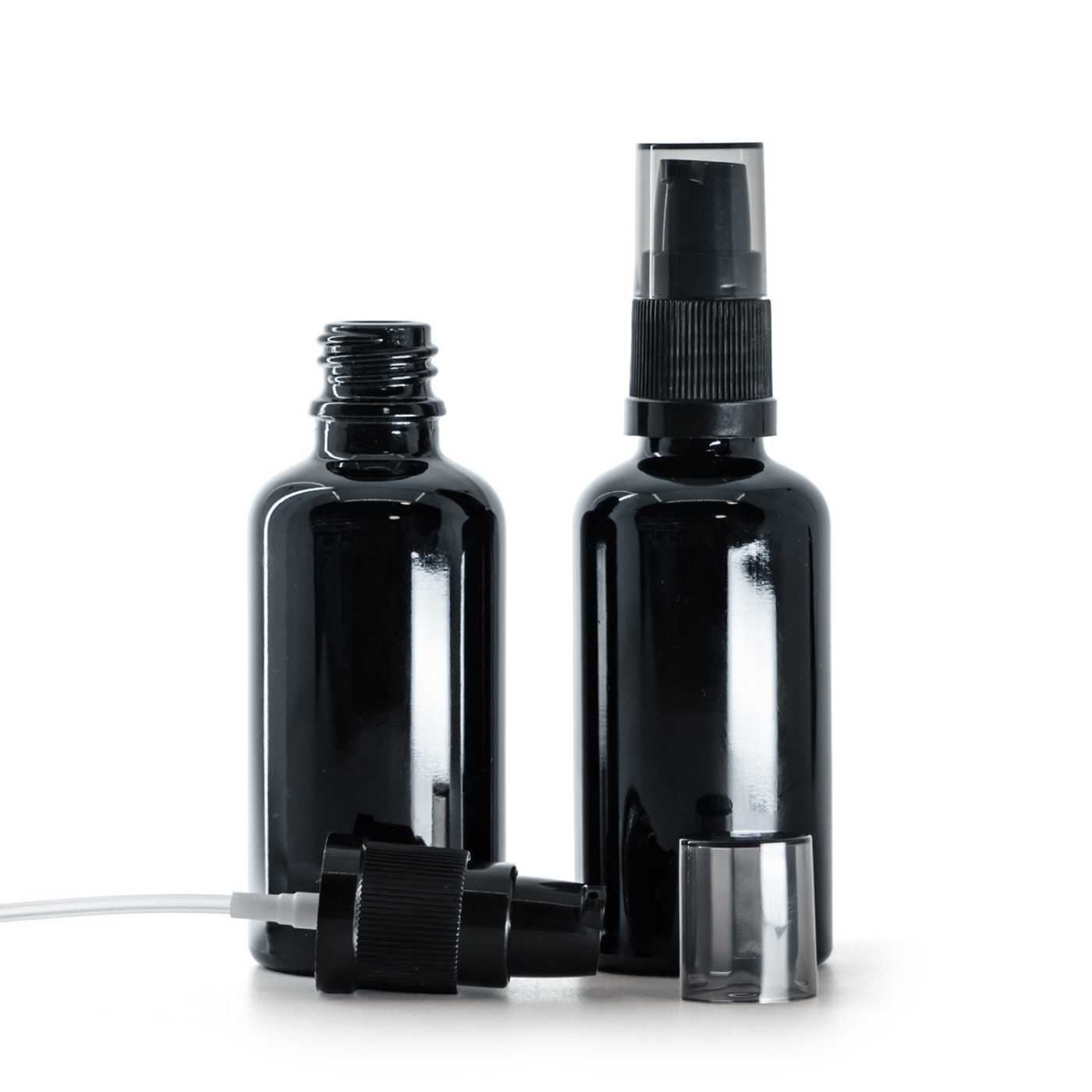 Fekete, fényes üvegcse, krémadagoló füstös felső kupakkal, 50 ml