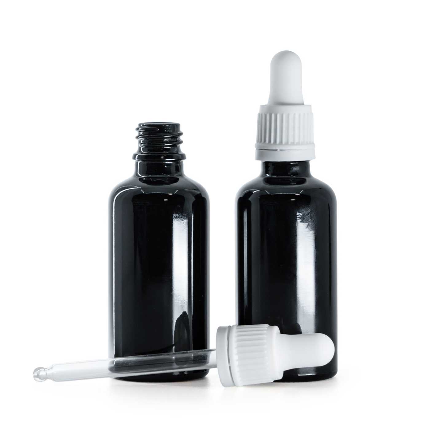 Fekete fényes üvegpalack fehér pipettával 50 ml