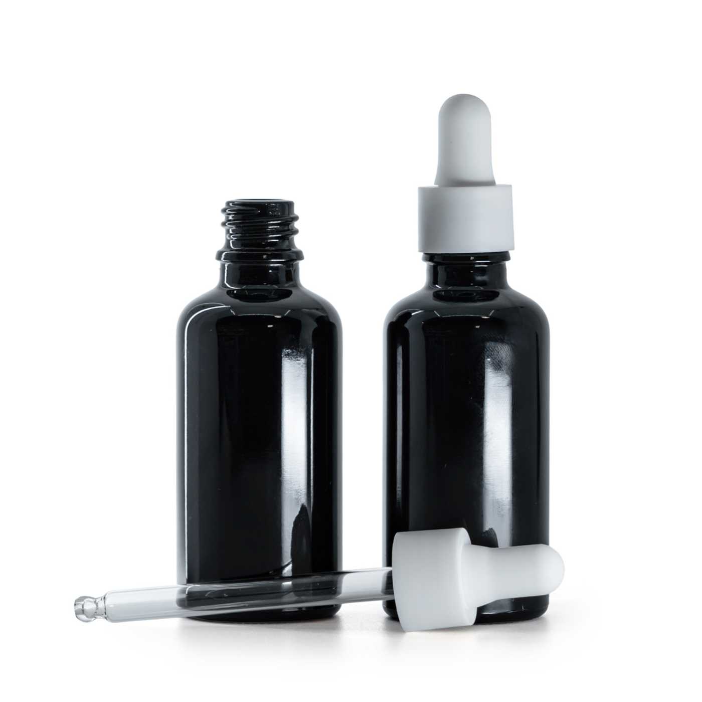 Fényes fekete üvegpalack, fehér matt sima cseppentő, 50 ml