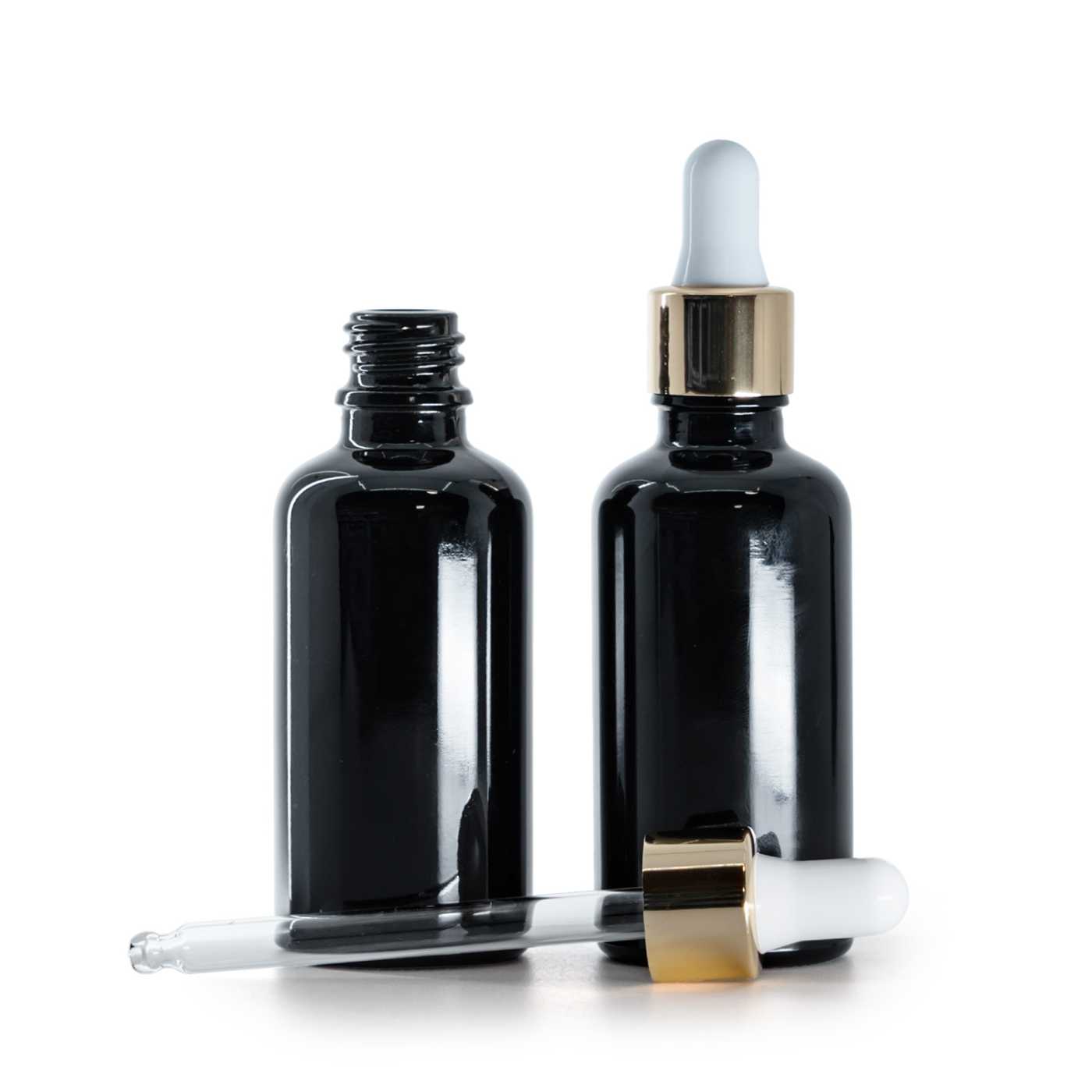 Fekete fényes üvegpalack fehér-arany pipettával 50 ml