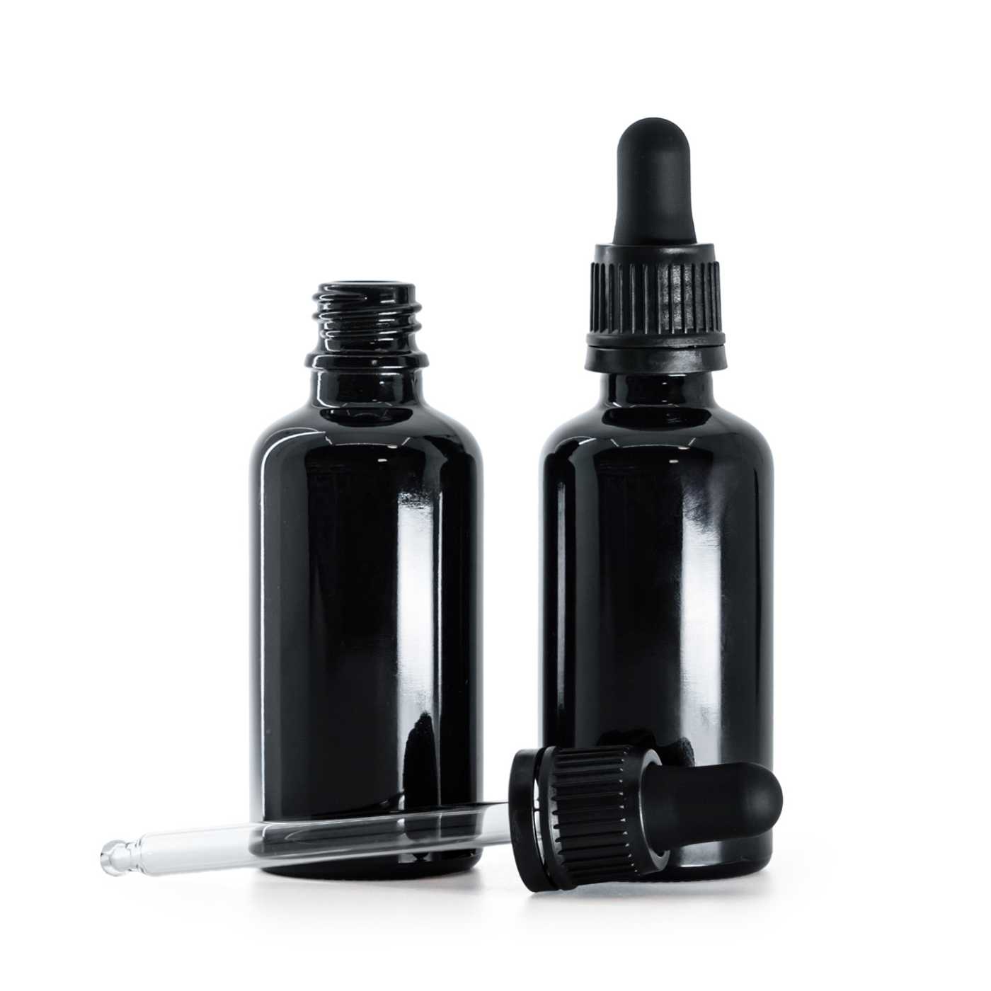 Fényes fekete üvegpalack fekete cseppentővel 50 ml