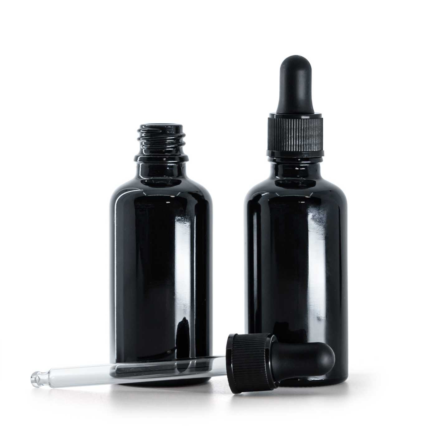 Fényes fekete üvegpalack matt fekete pipettás kupakkal 50 ml