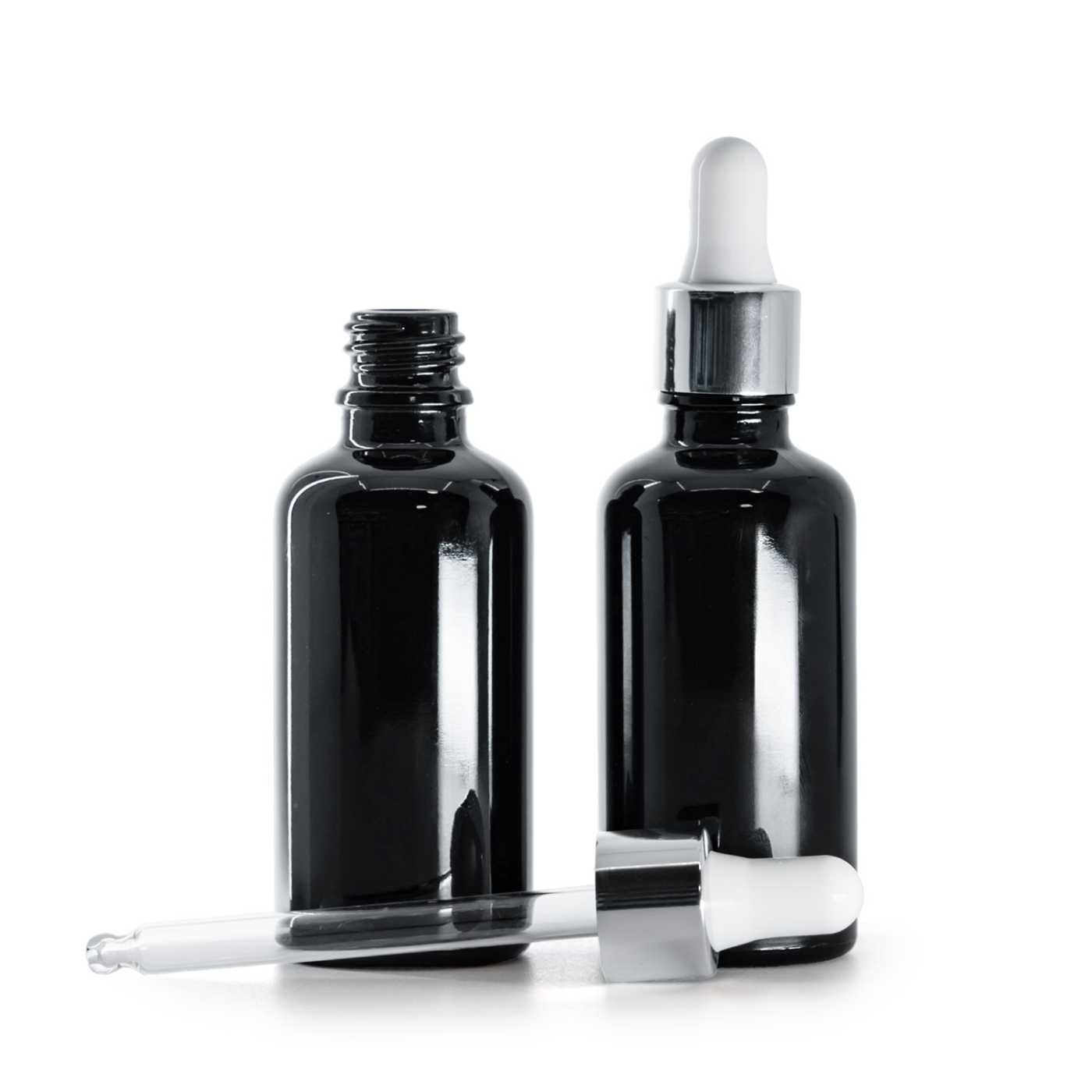 Fekete fényes üvegpalack fényes ezüst pipettával 50 ml