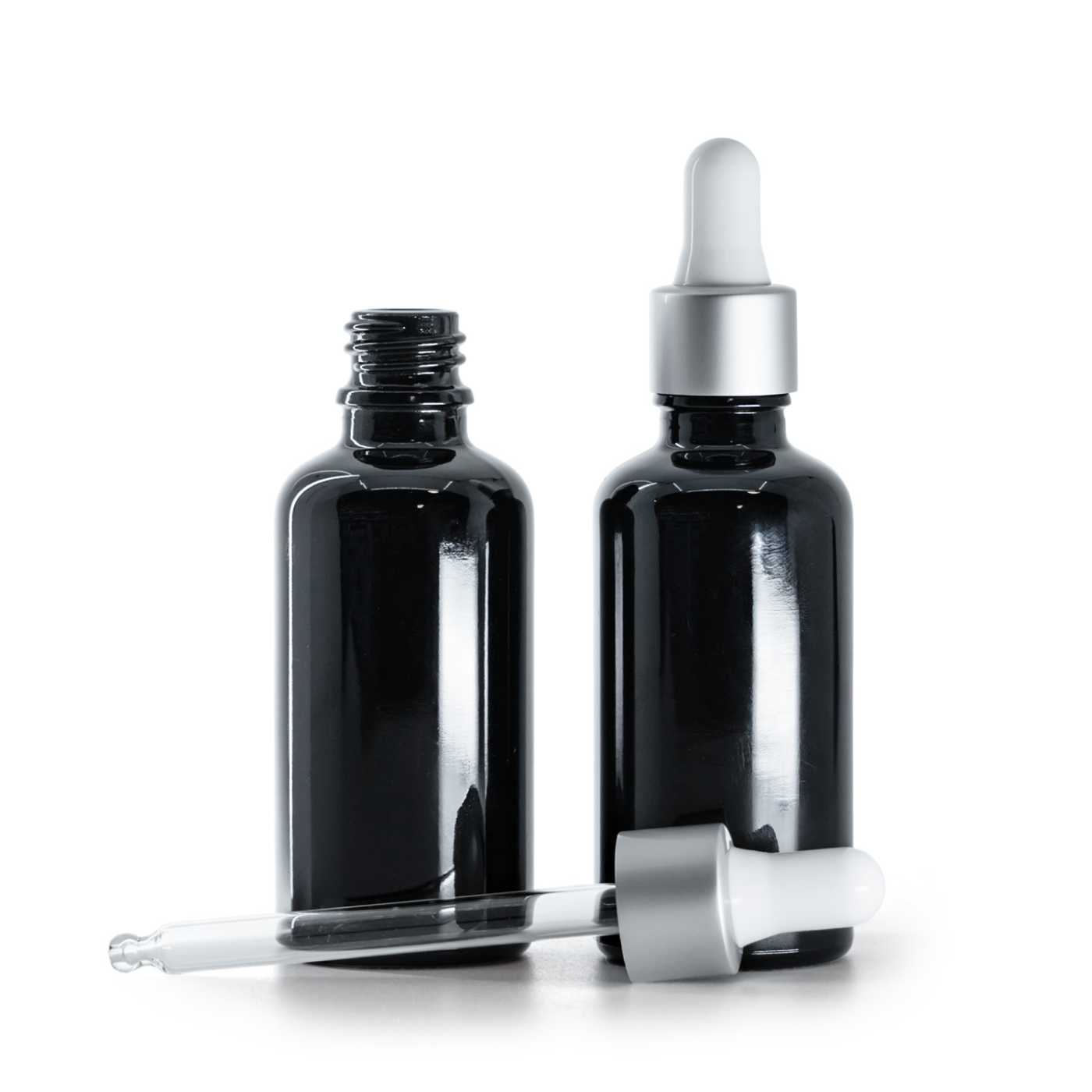 Fekete fényes üvegpalack matt ezüst cseppentős kupakkal 50 ml
