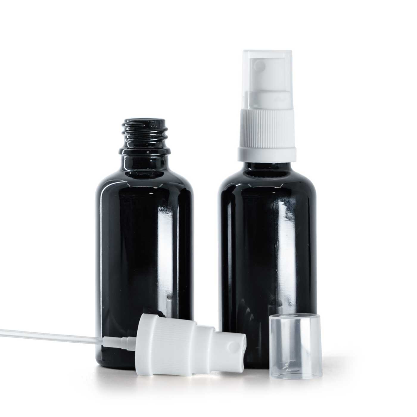 Fényes fekete üvegpalack fehér permetezőfejjel 50 ml