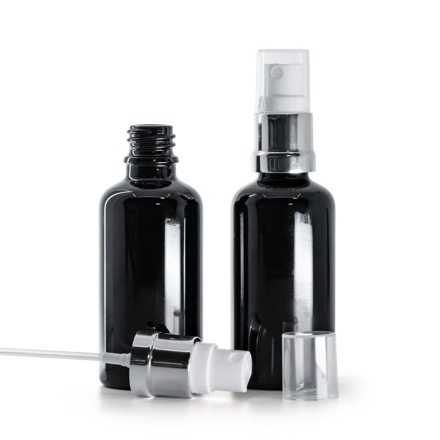 Butelka szklana czarna błyszcząca, atomizer biało-srebrny, 50 ml