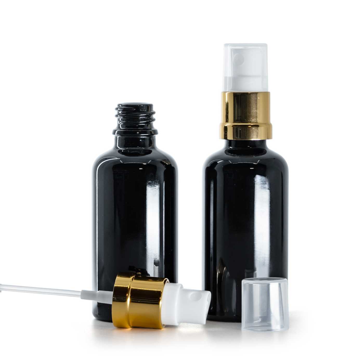 Fényes fekete üvegpalack fehér-arany permetezőfejjel 50 ml