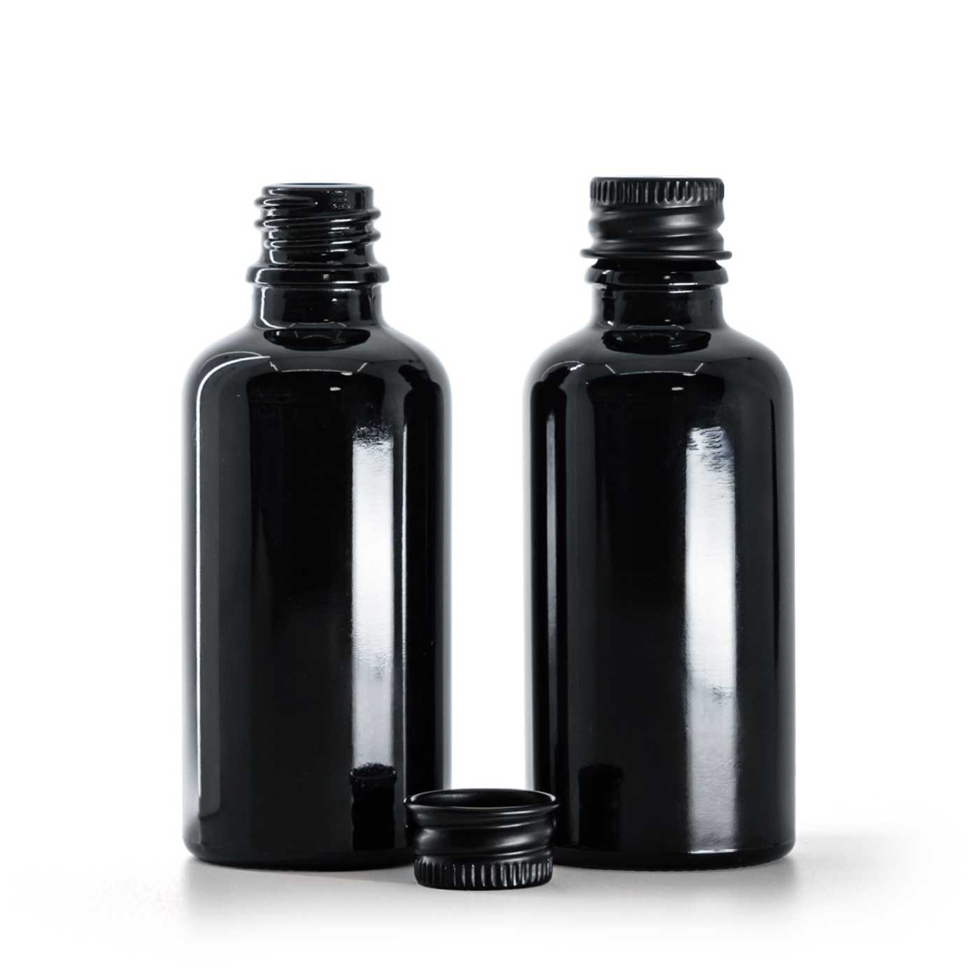Fényes fekete üvegpalack, fekete alumínium kupak, 50 ml