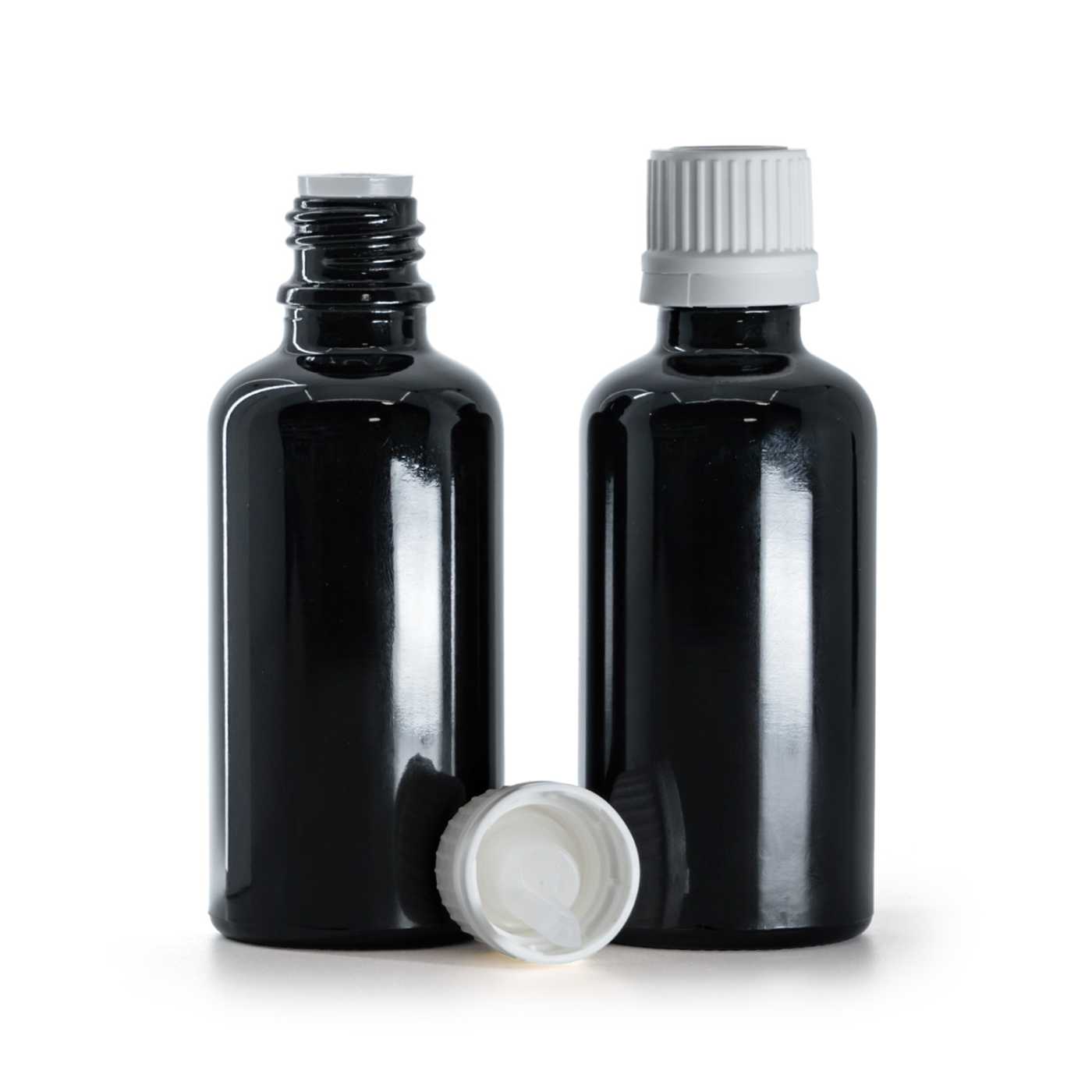 Fényes fekete üvegcse, fehér kupak pipettával, 50 ml
