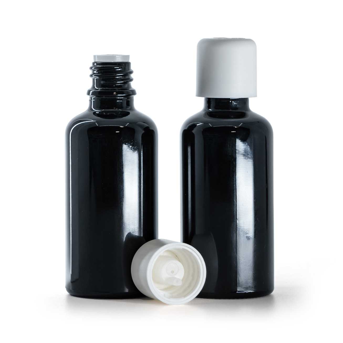 Fényes fekete üvegpalack fehér biztonsági kupakkal és cseppentővel, 50 ml