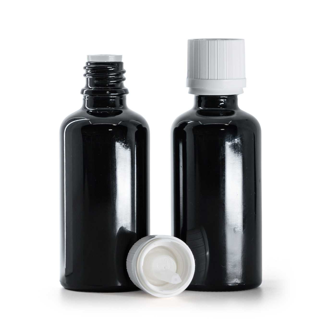 Fényes fekete üvegpalack, fehér garanciazáras cseppentős kupak, 50 ml