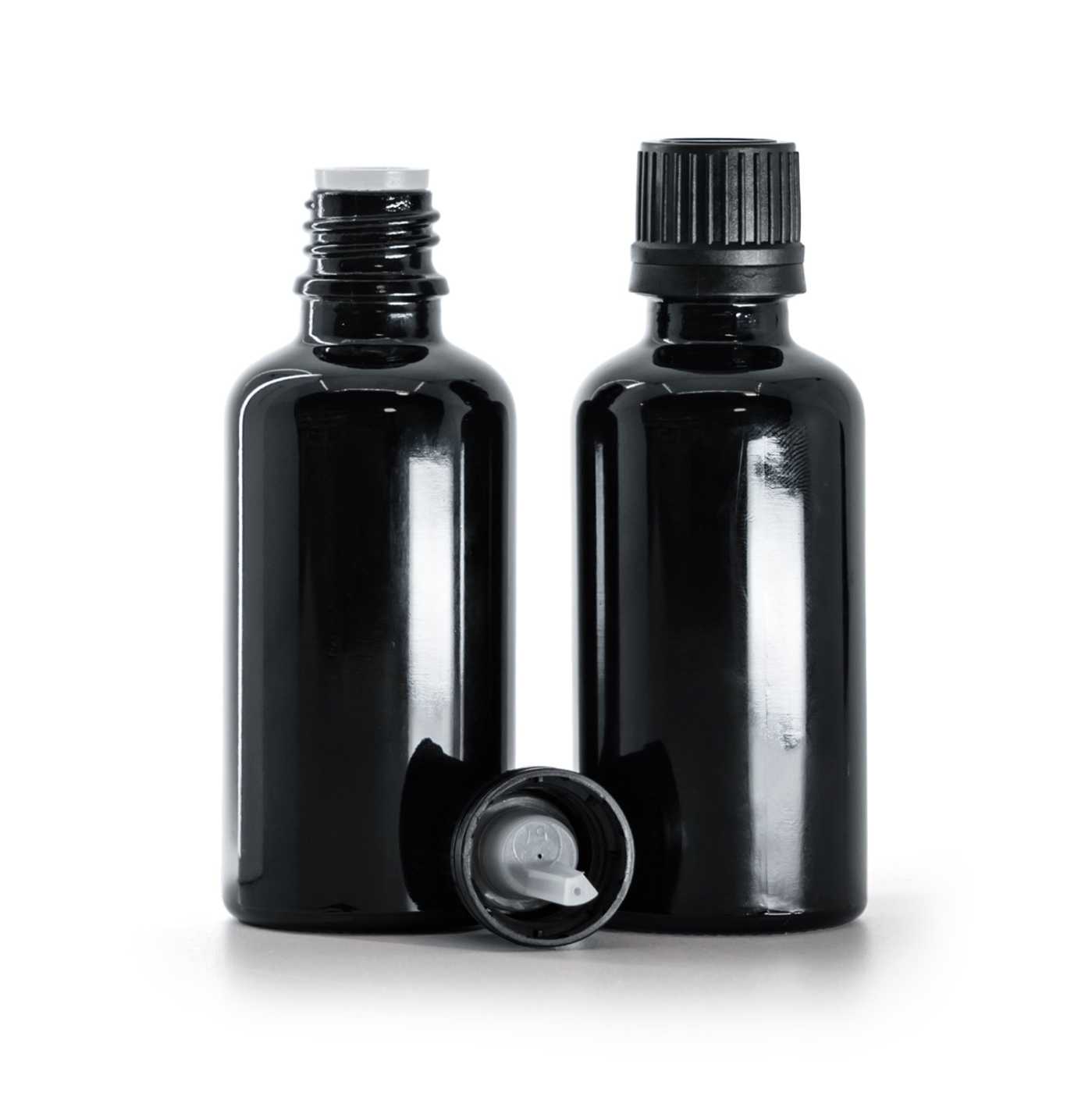 Fekete fényes üvegcse, fekete kupak pipettával, 50 ml