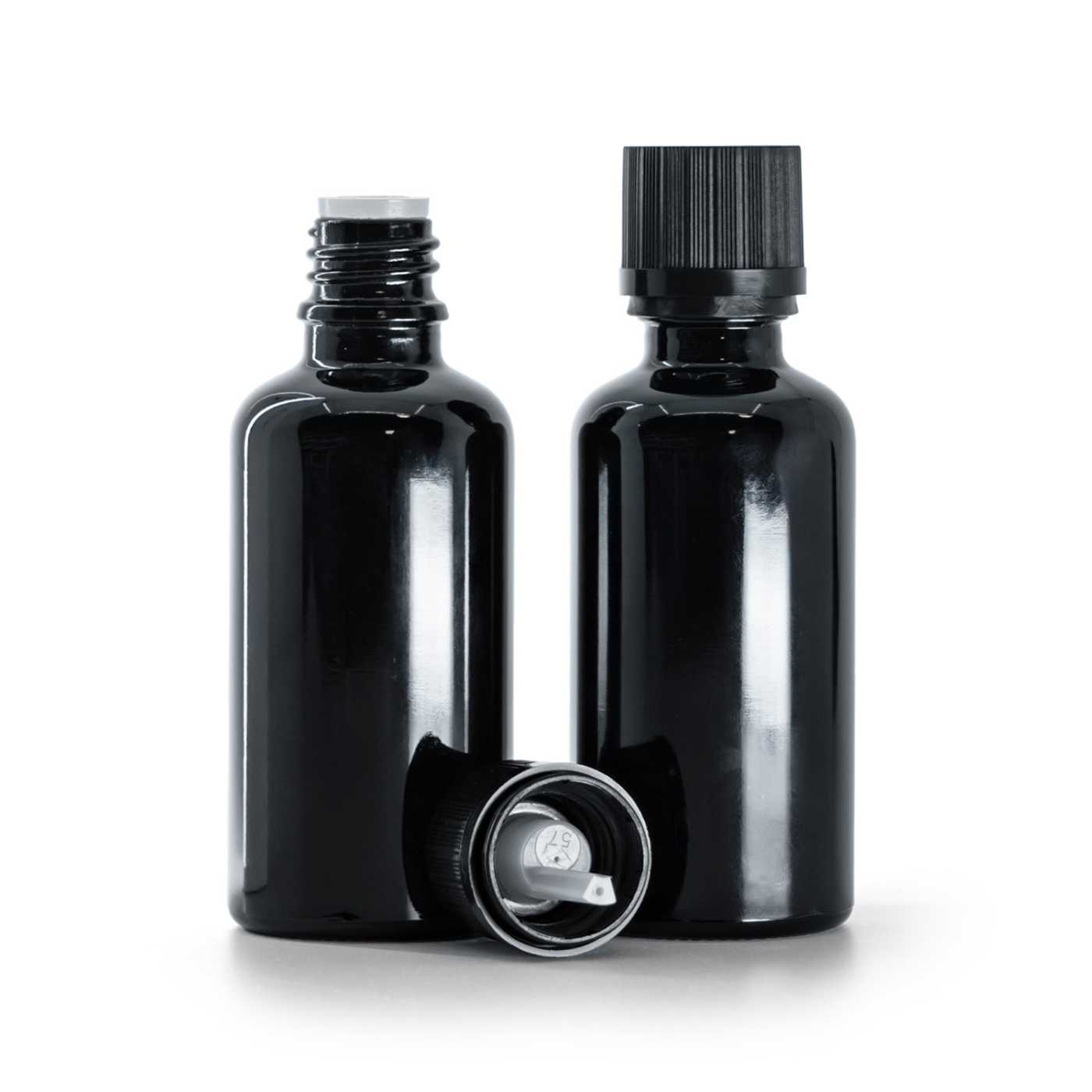 Fekete fényes üvegflakon, fekete biztonsági kupak cseppentőbetéttel, 50 ml