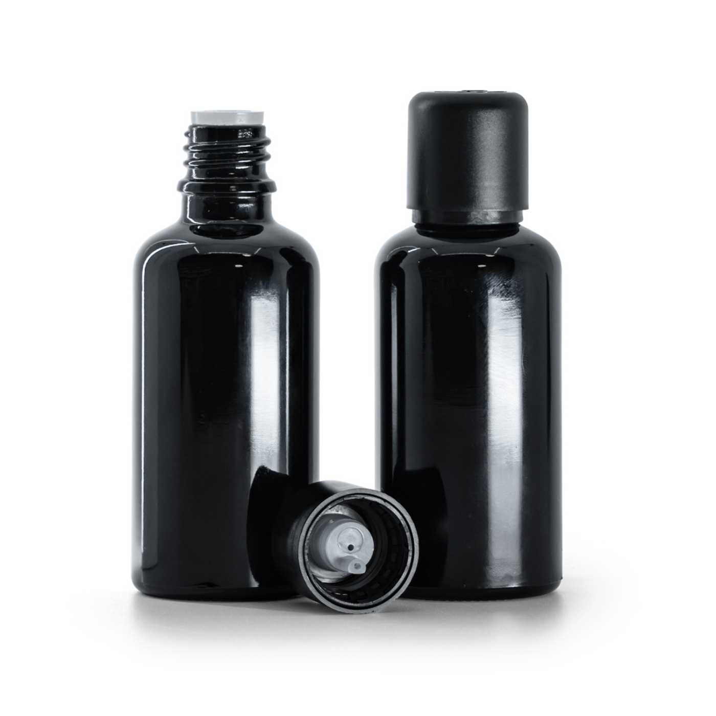 Fényes fekete üvegpalack fekete, garanciazáras cseppentős kupakkal, 50 ml