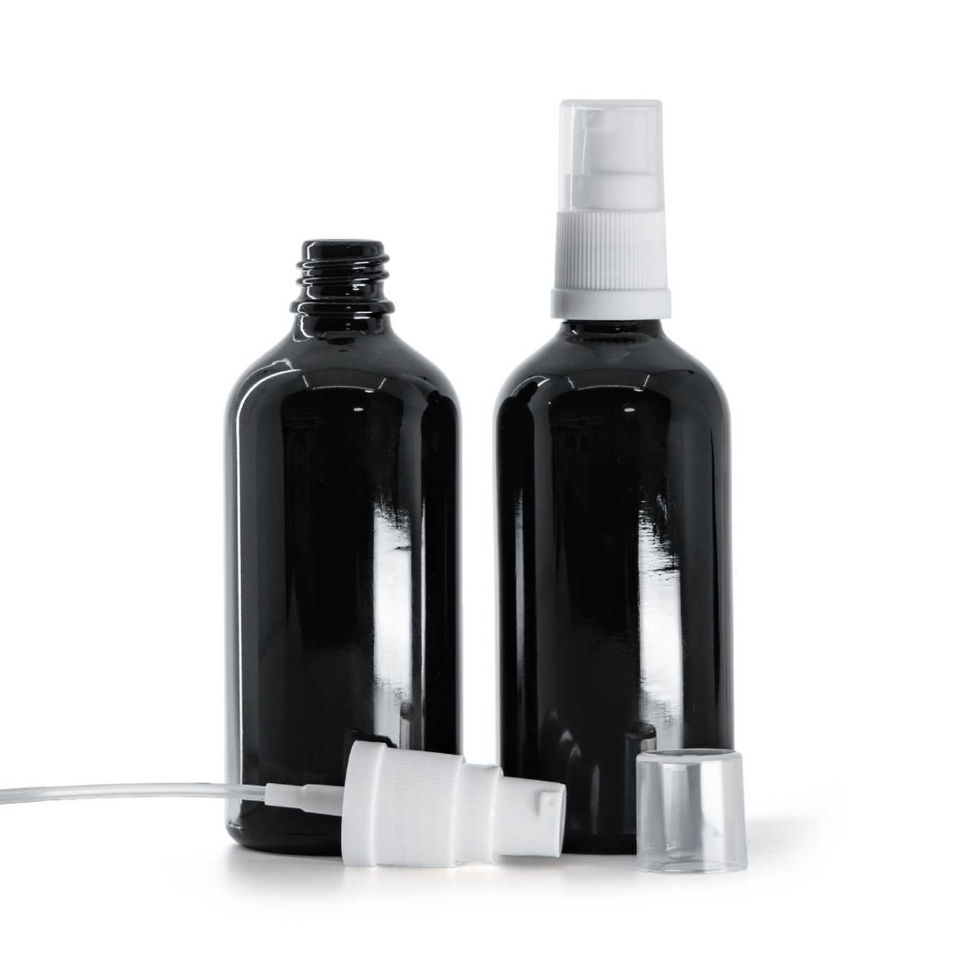 Butelka szklana, czarna błyszcząca, biały dozownik, 100 ml