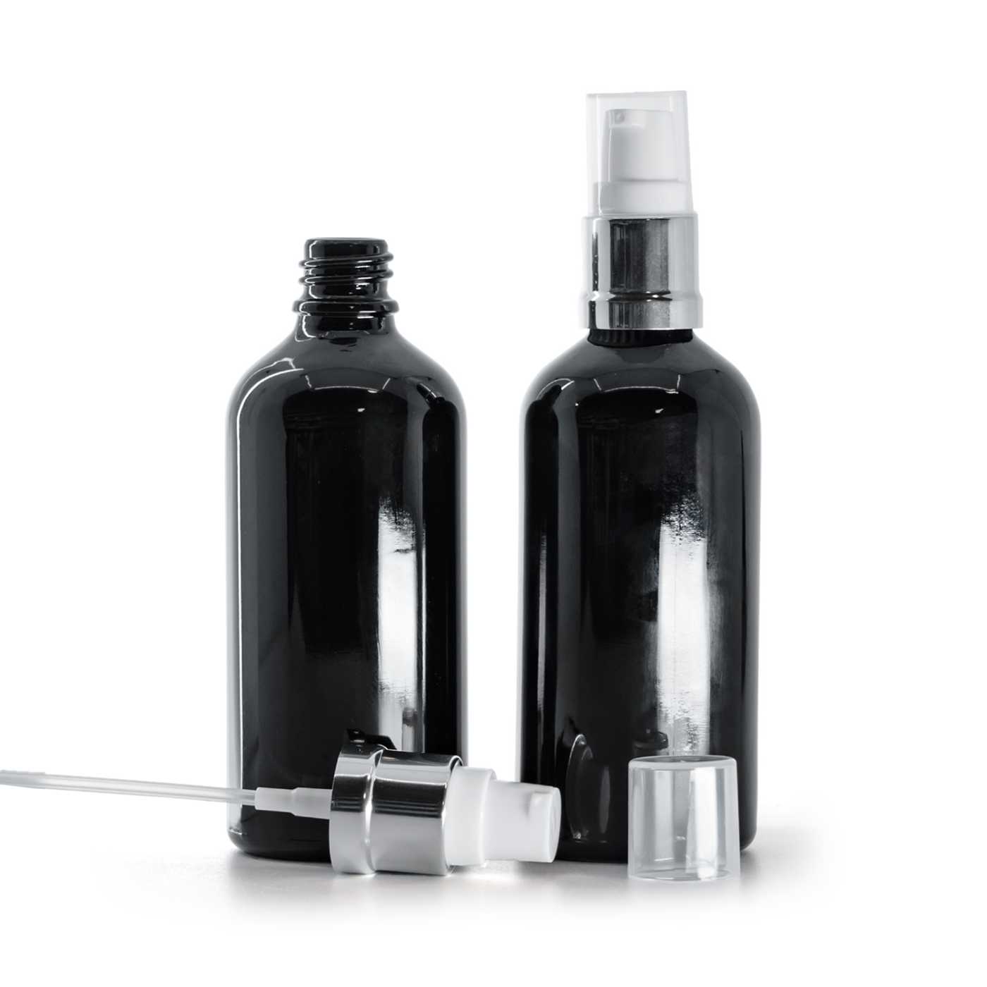 Butelka szklana czarna błyszcząca, dozownik biało-srebrny błyszczący, 100 ml
