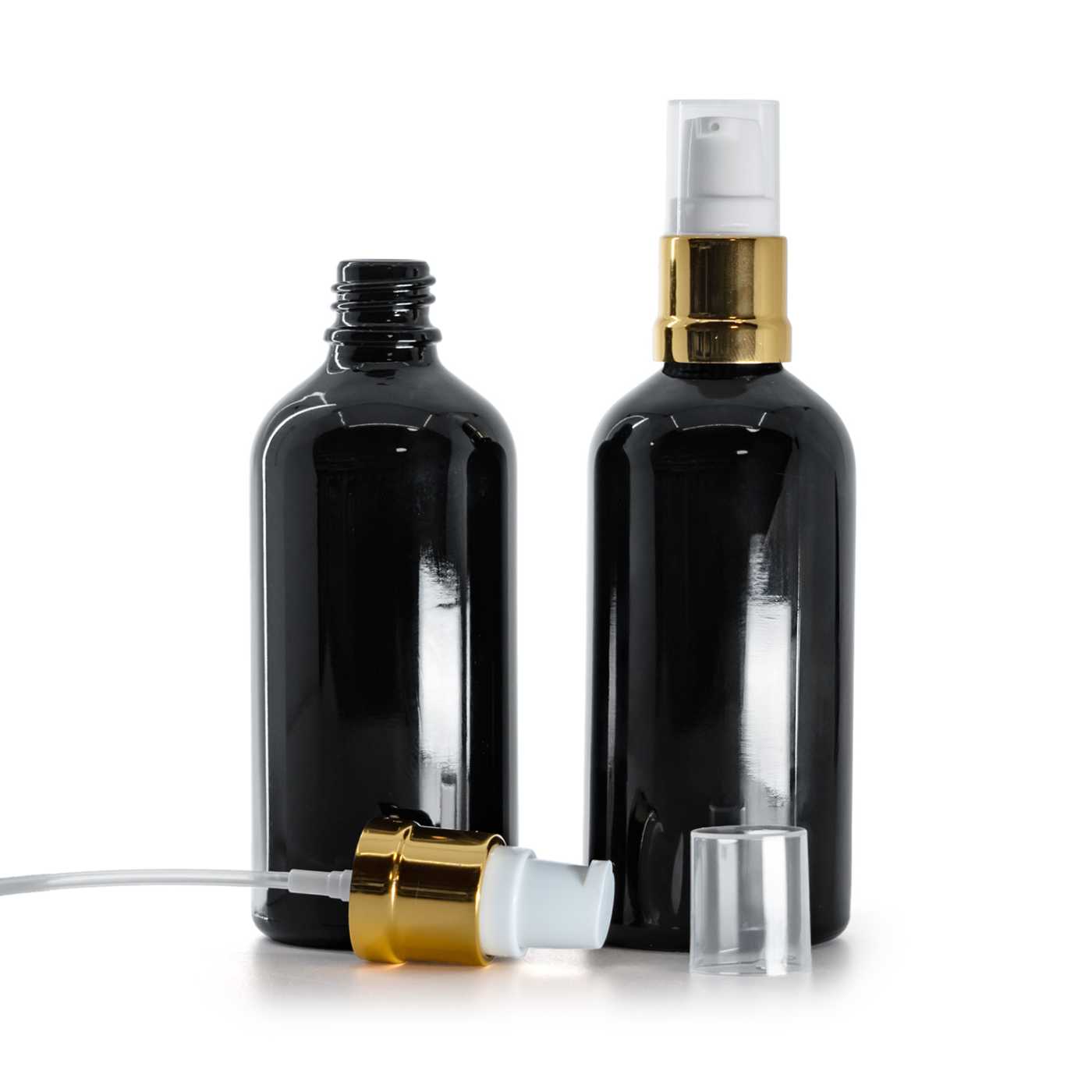 Butelka szklana, czarna błyszcząca, biało-złoty błyszczący dozownik, 100 ml