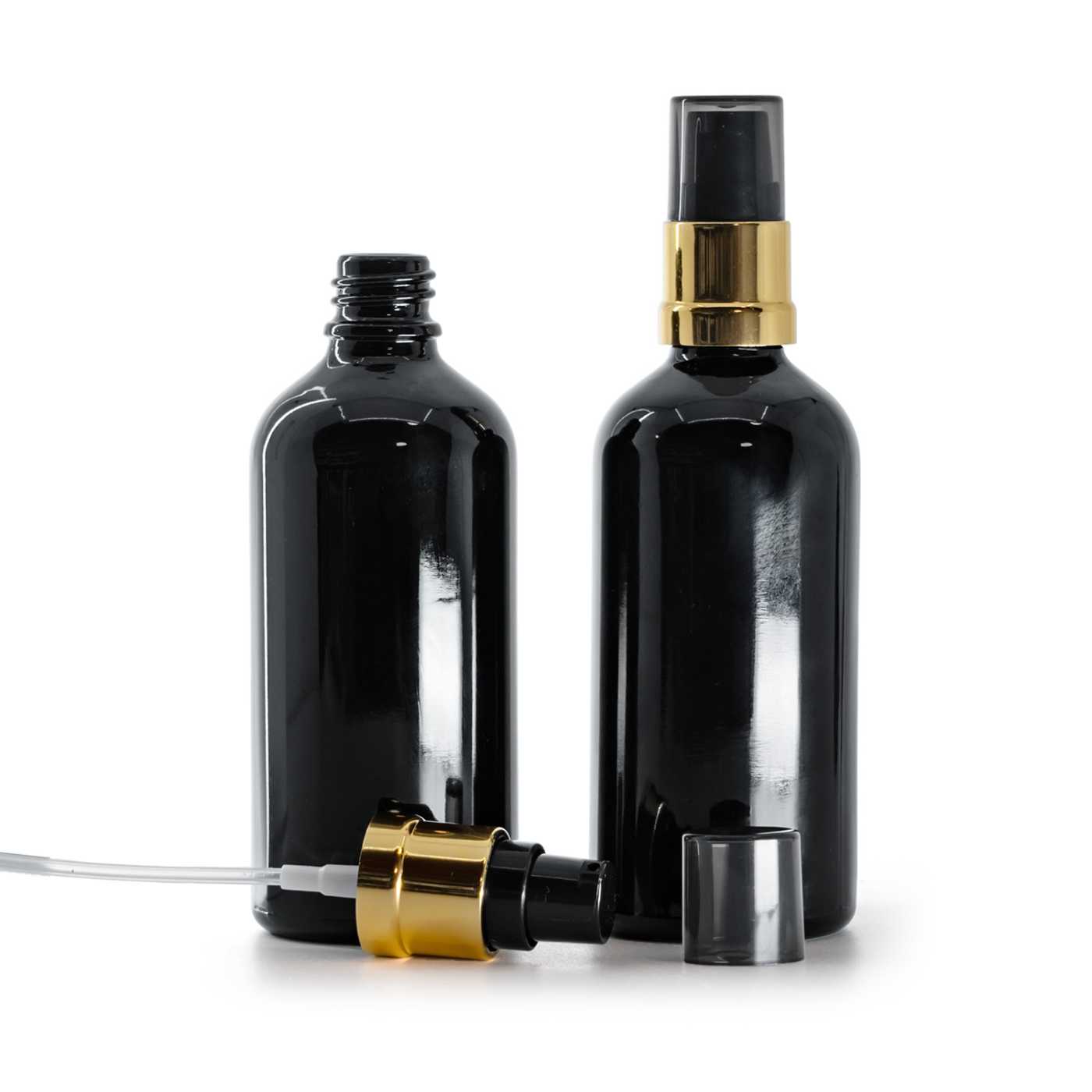Butelka szklana, czarna błyszcząca, czarno-złoty błyszczący dozownik, przydymiona nasadka, 100 ml