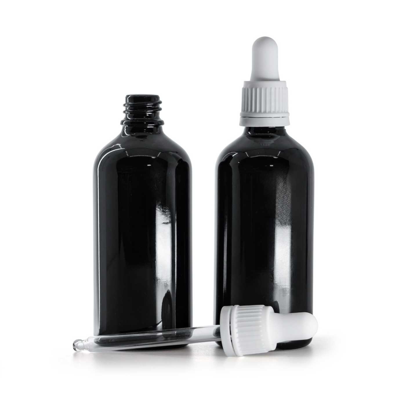 Butelka szklana czarna błyszcząca, kroplomierz biały, 100 ml