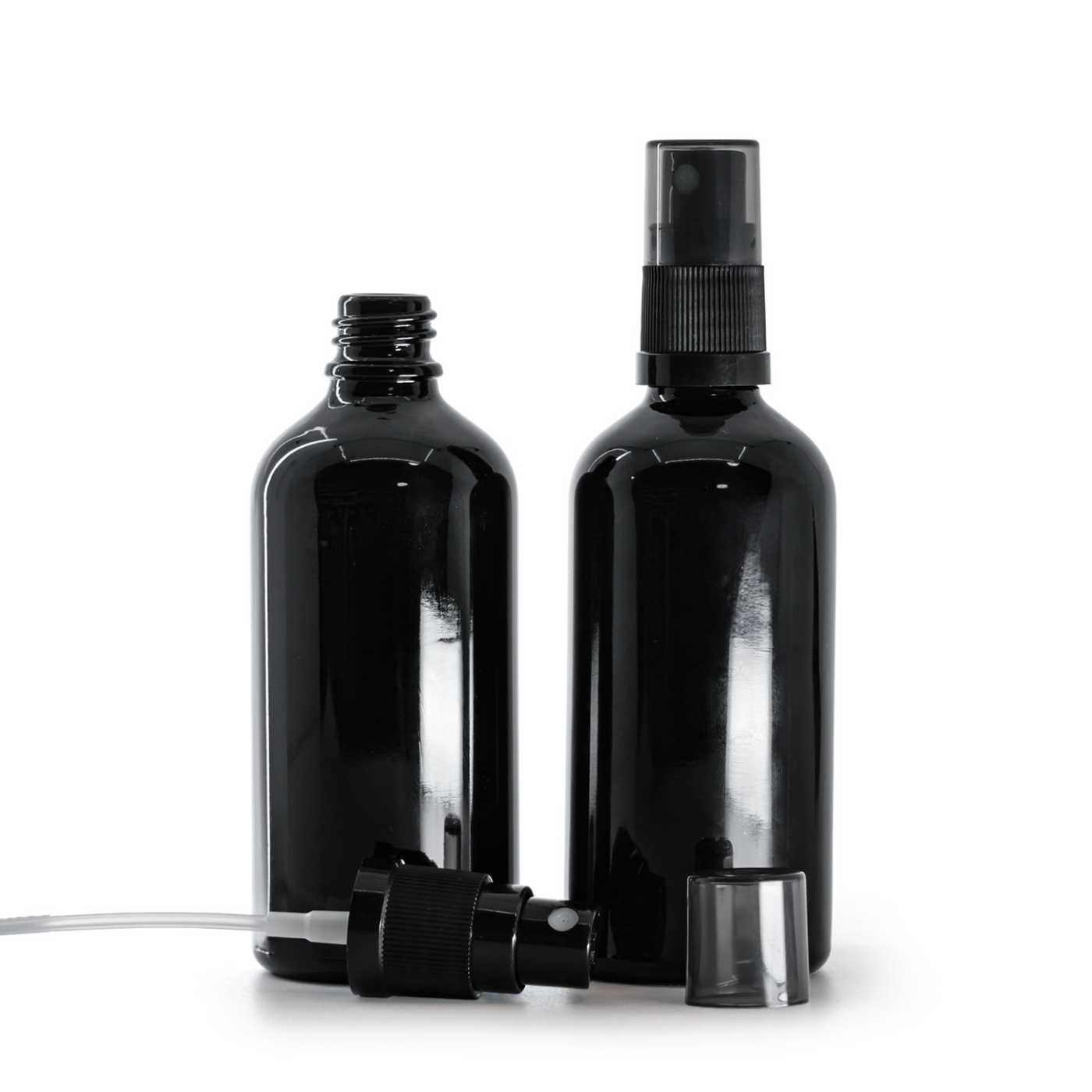 Butelka szklana czarna błyszcząca, atomizer czarny, przydymiony kapturek, 100 ml