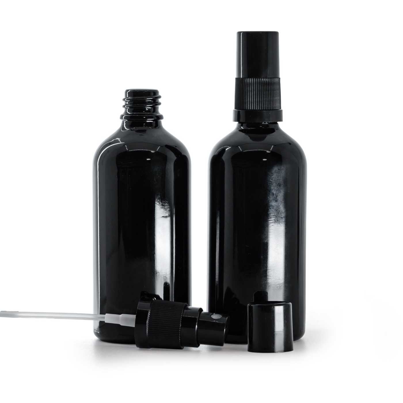 Butelka szklana czarna błyszcząca, atomizer czarny, czarny kapturek, 100 ml