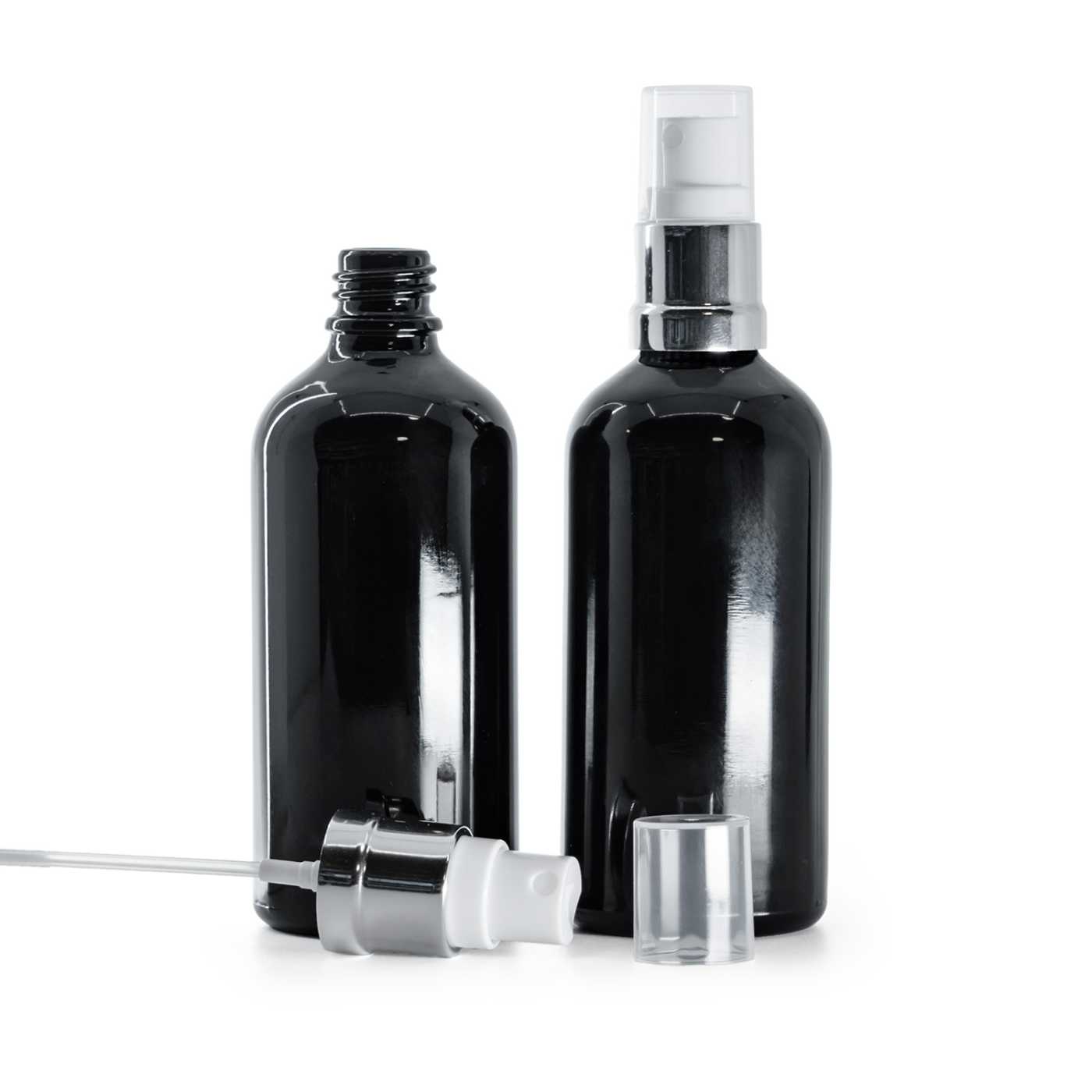 Butelka szklana czarna błyszcząca, atomizer biało-srebrny, 100 ml
