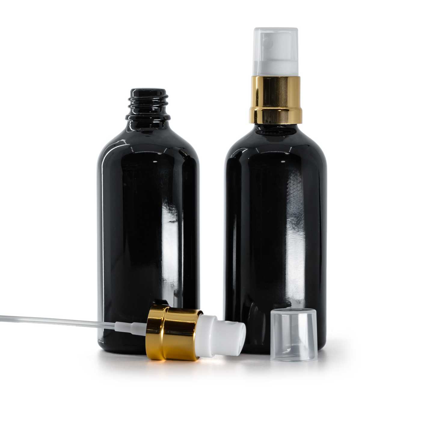 Butelka szklana, czarna błyszcząca, biało-złoty atomizer, 100 ml