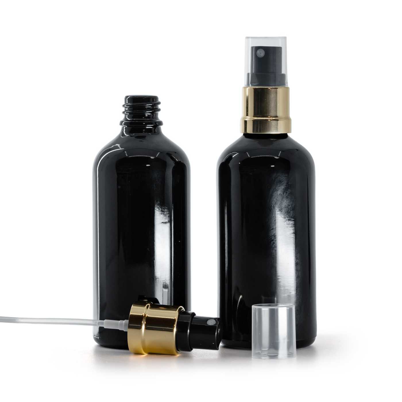 Butelka szklana, czarna błyszcząca, czarno-złoty atomizer, 100 ml