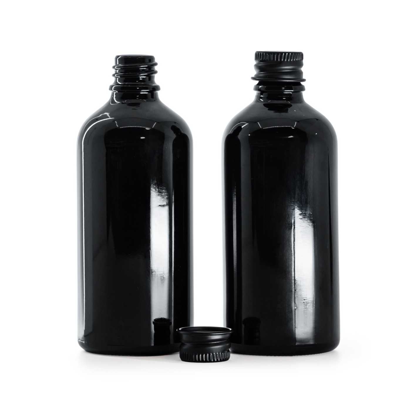 Butelka szklana, czarna błyszcząca, czarna nakrętka aluminiowa, 100 ml