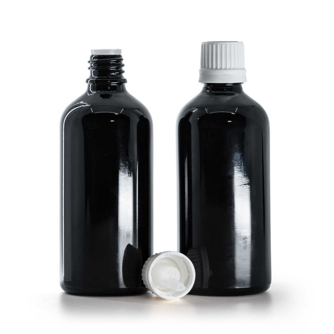 Butelka szklana, czarna błyszcząca, biała nakrętka z kroplomierzem, 100 ml