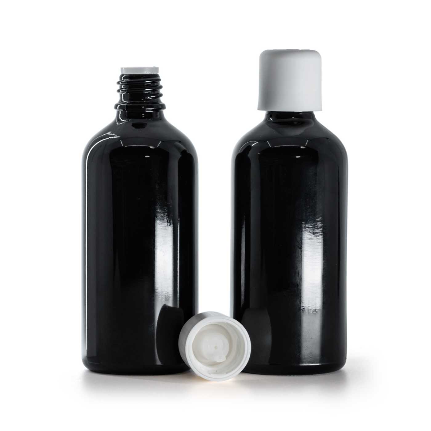 Butelka szklana, czarna błyszcząca, biała nakrętka z zabezpieczeniem, 100 ml
