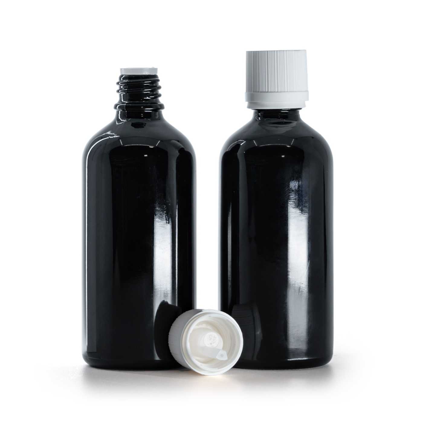 Butelka szklana, czarna błyszcząca, biała żebrowana nakrętka z zabezpieczeniem, 100 ml