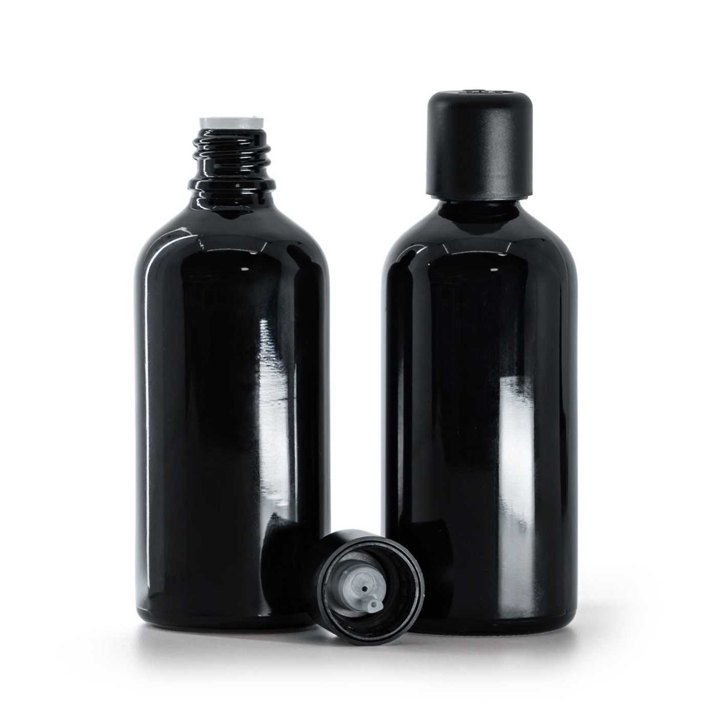 Butelka szklana czarna błyszcząca, nakrętka czarna z zabezpieczeniem, 100 ml