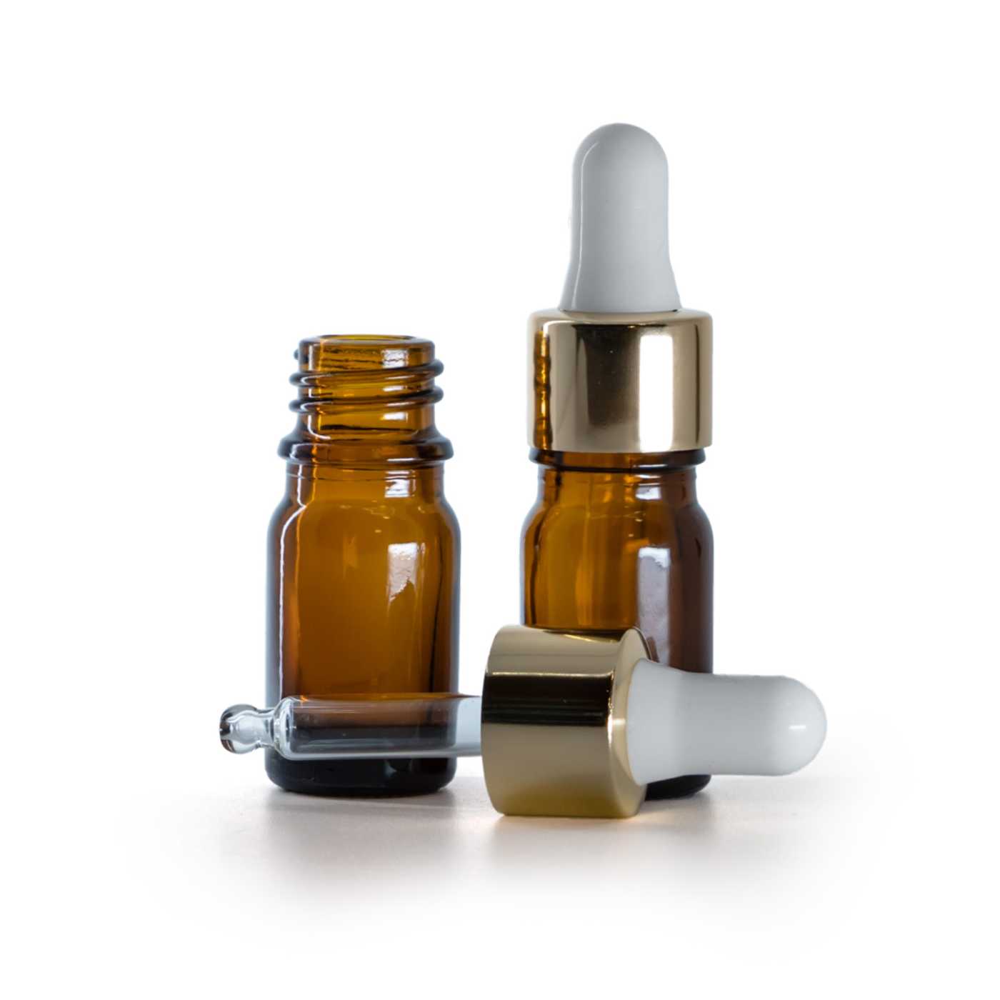 Flacon en verre ambré avec compte-gouttes blanc et or, 5 ml