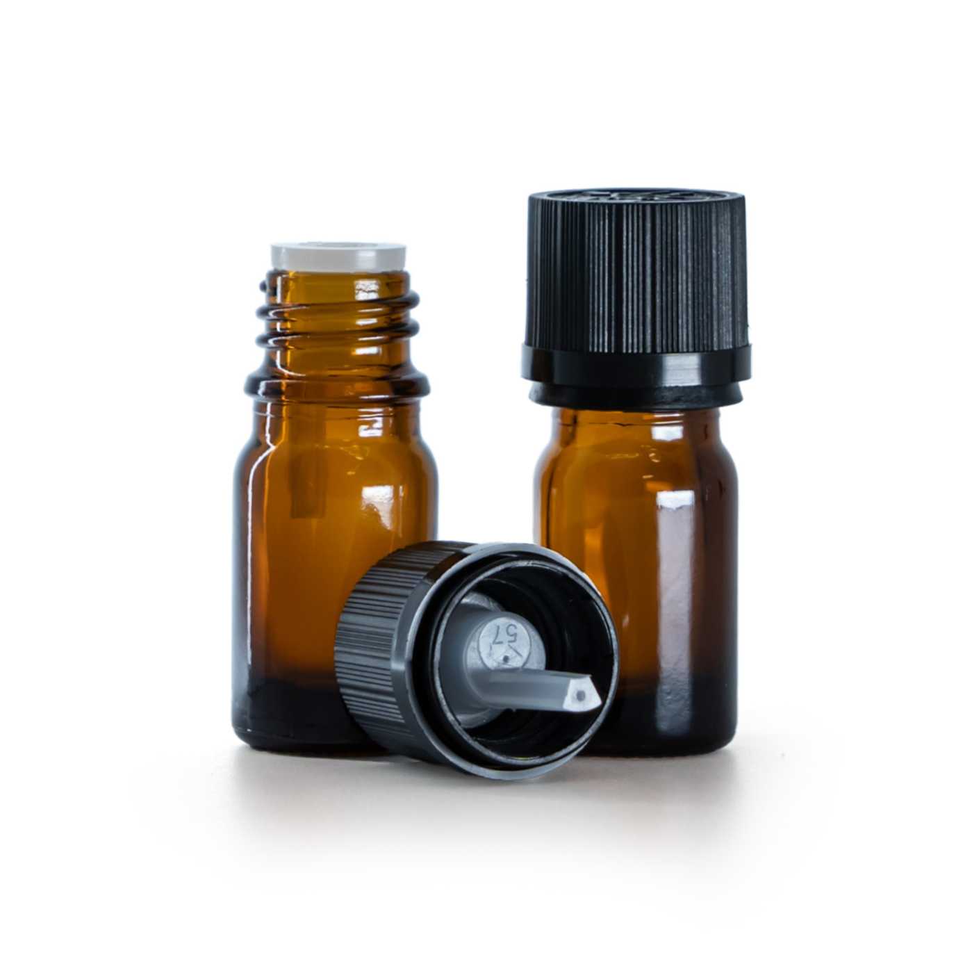 Flacon en verre ambré avec capsule de sécurité noire et compte-gouttes 5 ml