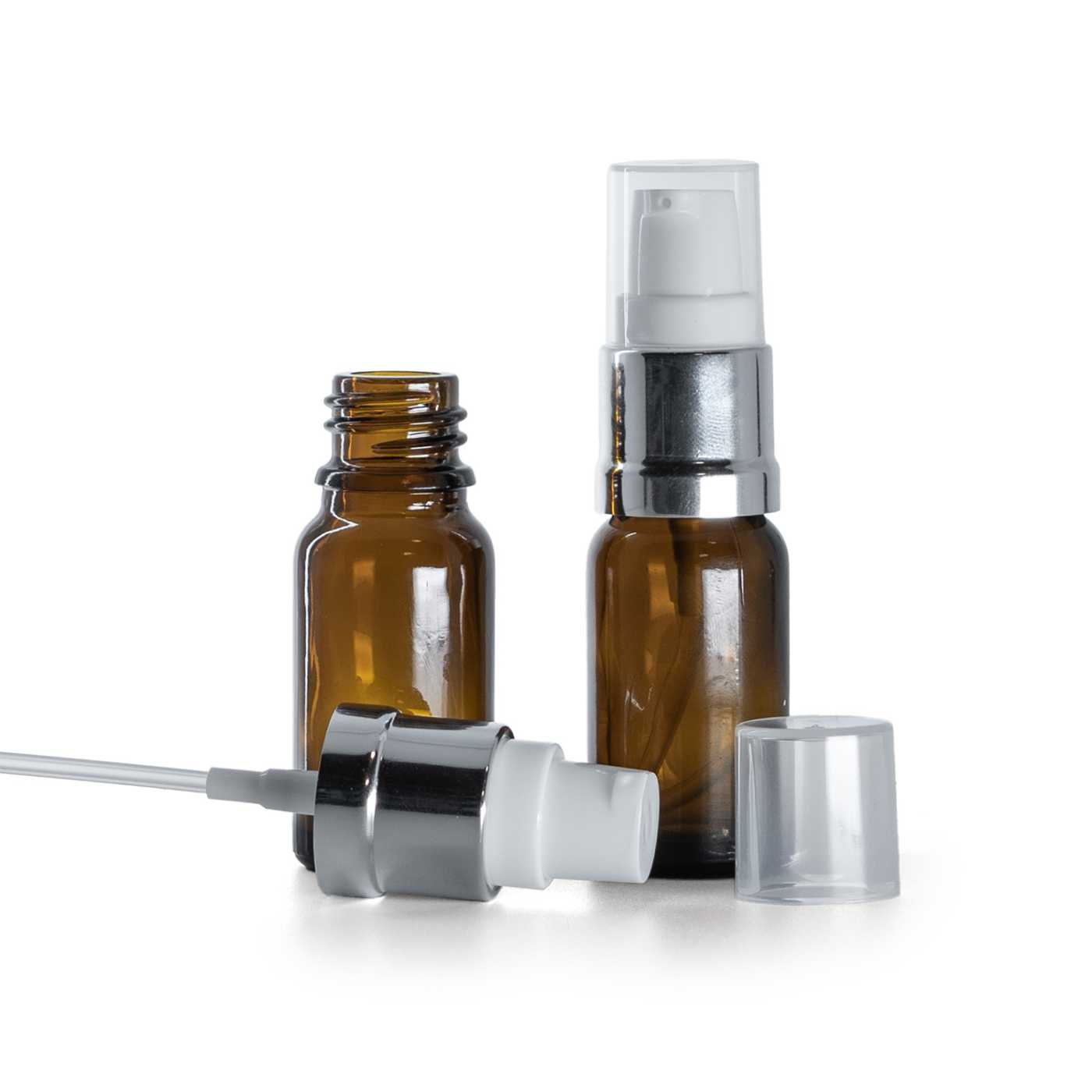 Sklenená fľaška, liekovka, hnedá, bielo-strieborný lesklý dávkovač, 10 ml