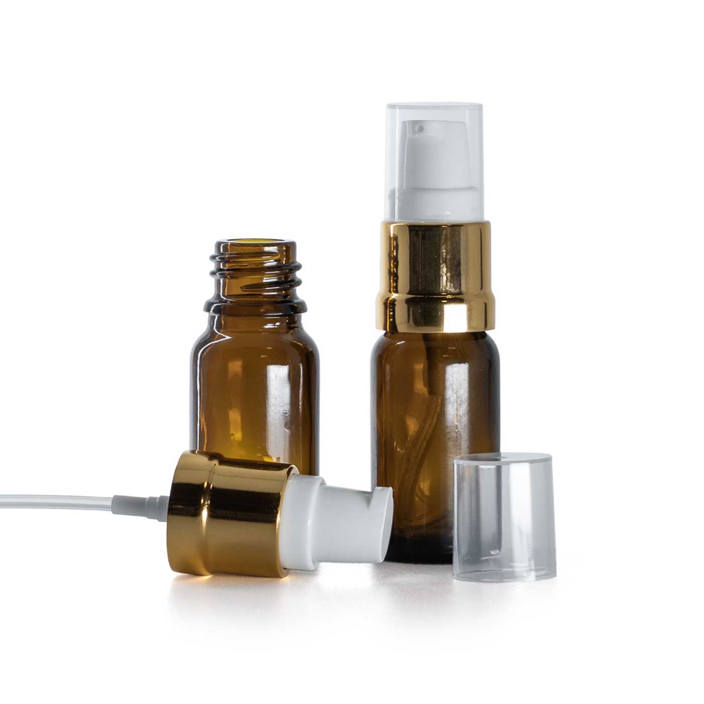 Sklenená fľaška, liekovka, hnedá, bielo-zlatý lesklý dávkovač, 10 ml