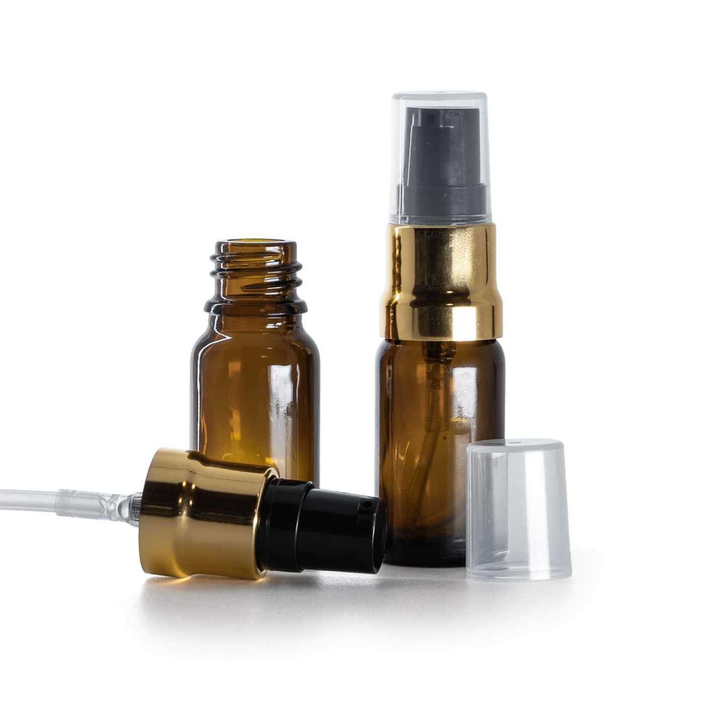 Sklenená fľaška, liekovka, hnedá, čierno-zlatý lesklý dákovač, priehľadný vrch, 10 ml