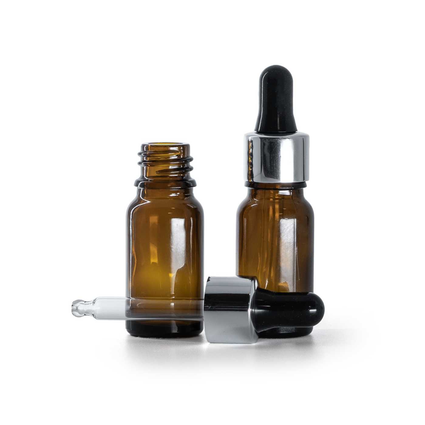 Flacon en verre ambré avec compte-gouttes noir argenté brillant, 10 ml
