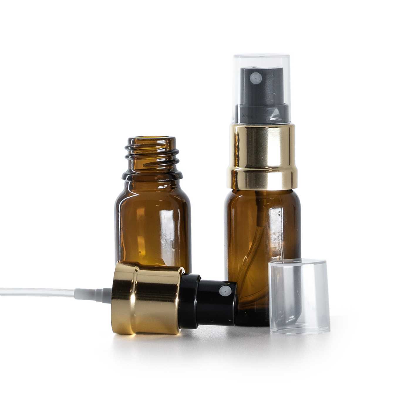 Flacon en verre ambré avec pulvérisateur noir et or, 10 ml