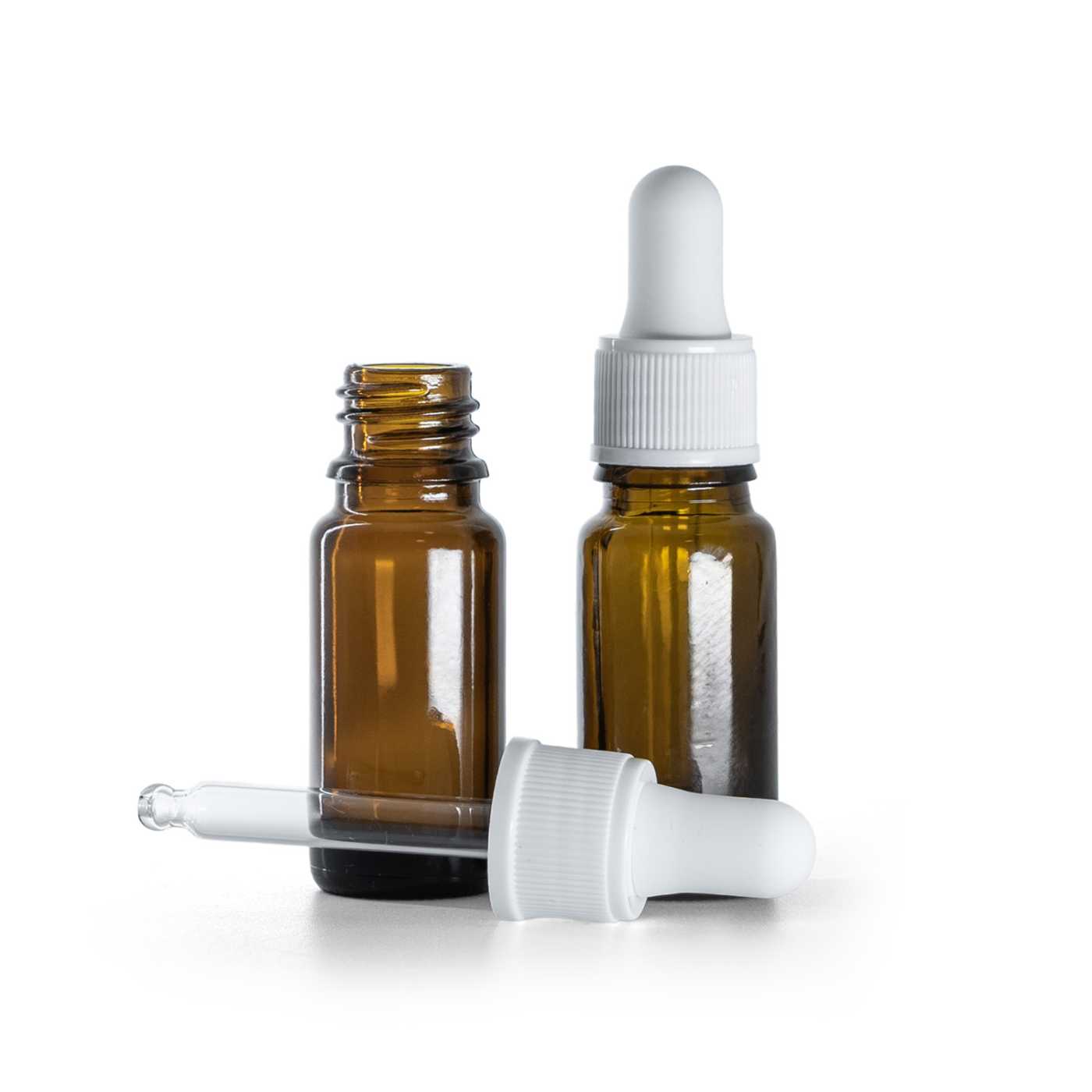Szklana butelka apteczna typ B, wysoka, biały matowy kroplomierz, 10 ml