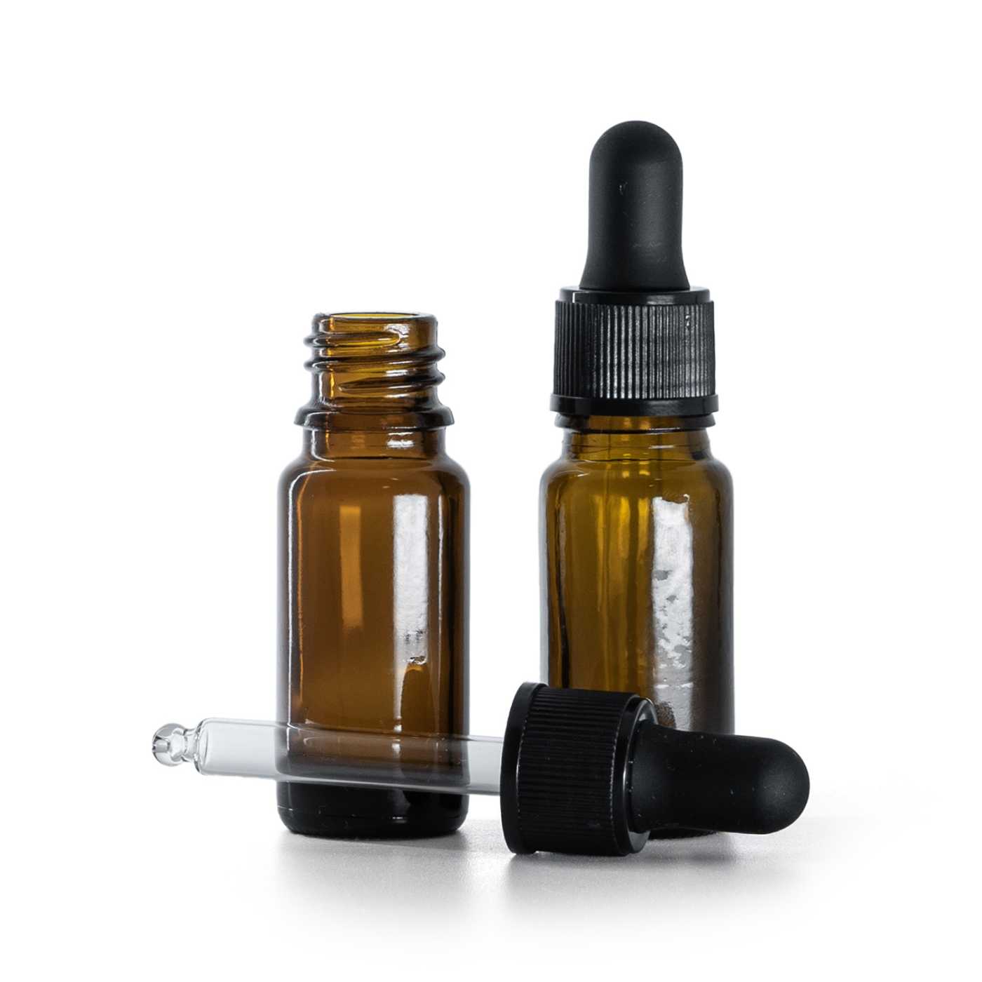 Flacon en verre ambré type B, haut, compte-gouttes noir, 10 ml