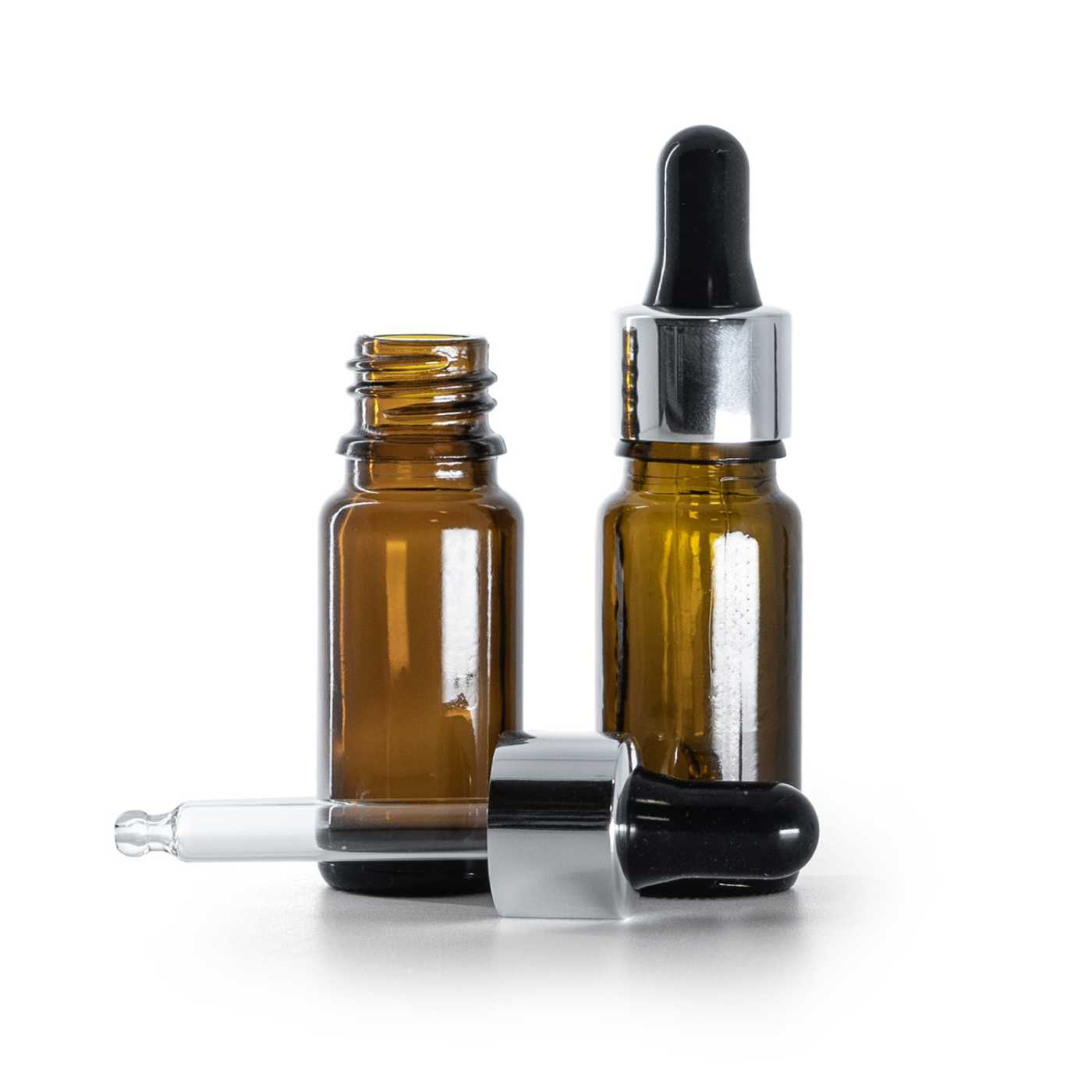Flacon en verre ambré type B, haut, compte-gouttes noir argenté brillant, 10 ml