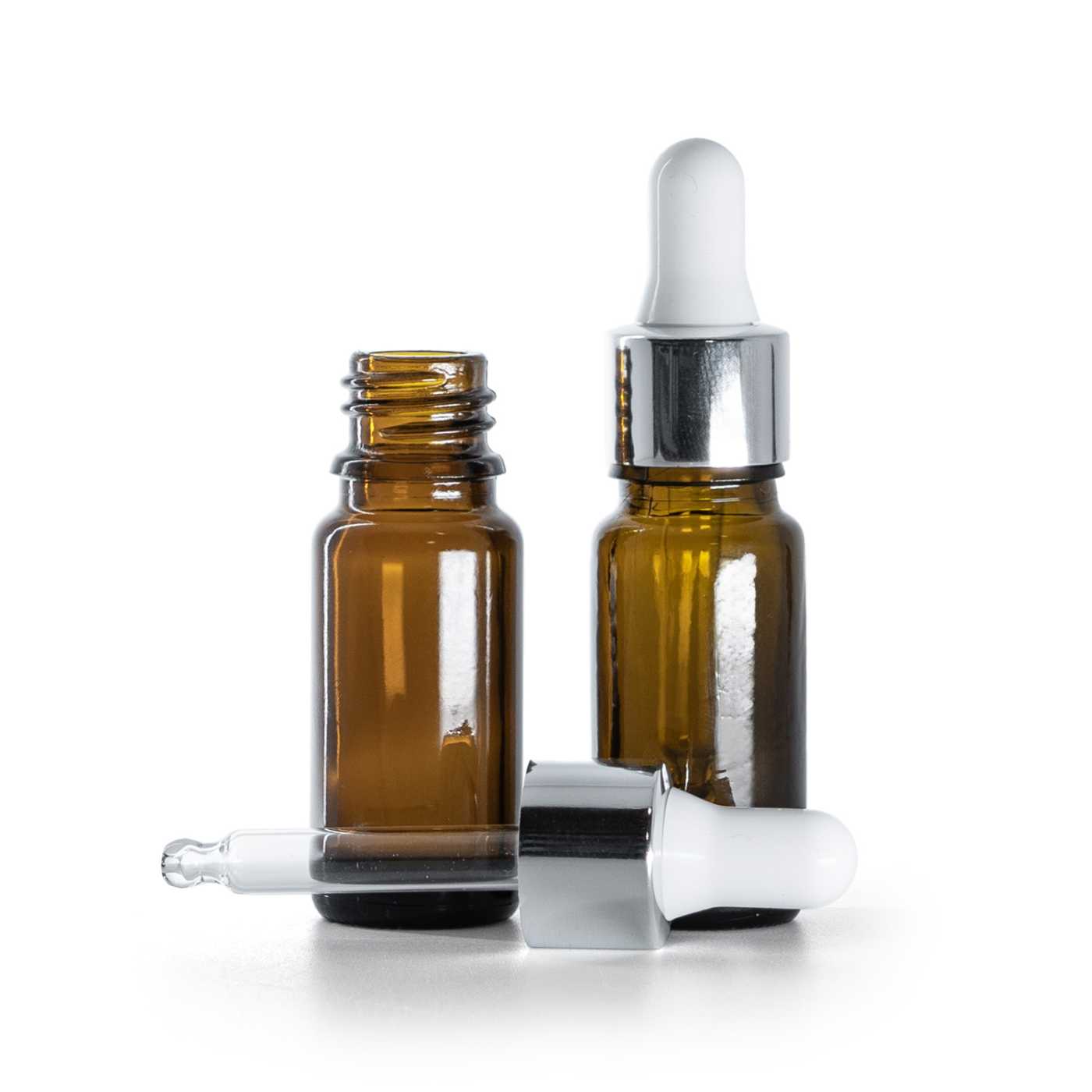 Flacon en verre ambré type B, fin, compte‑gouttes argenté brillant, 10 ml