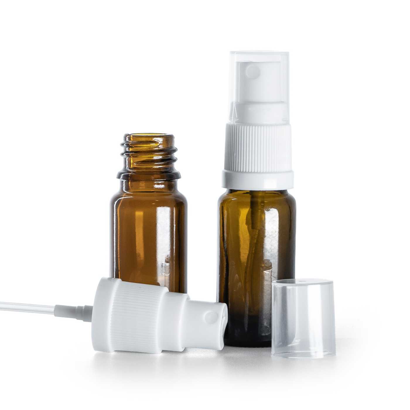 Flacon en verre ambré type B, fin, pulvérisateur blanc, 10 ml
