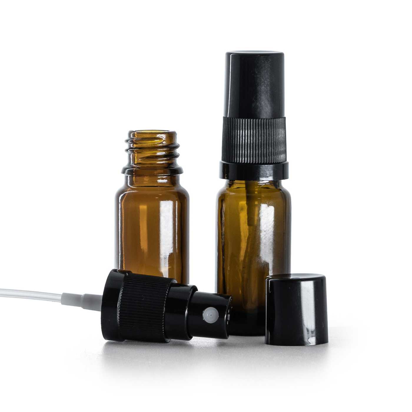 Butelka szklana apteczna typ B, wysoka, czarny atomizer, czarny kapturek, 10 ml