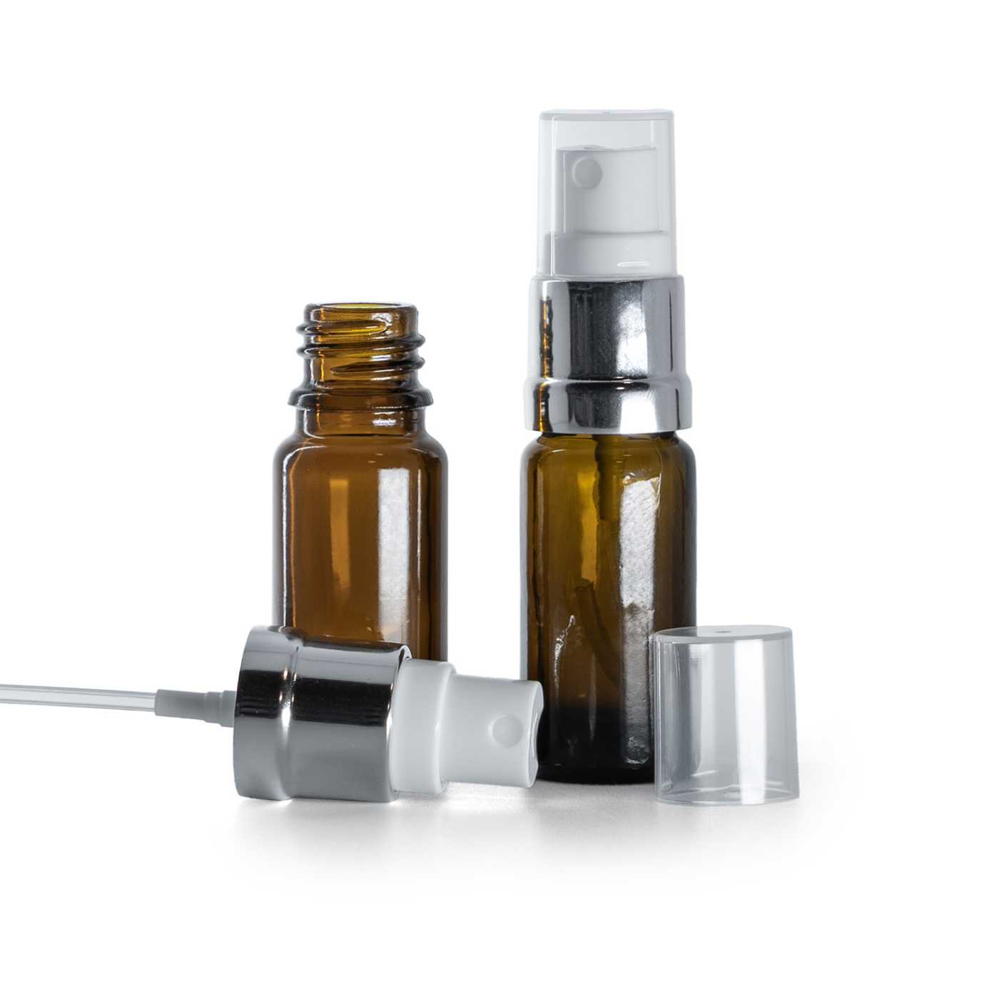 Butelka szklana apteczna typ B, wysoka, biało-srebrny atomizer, 10 ml