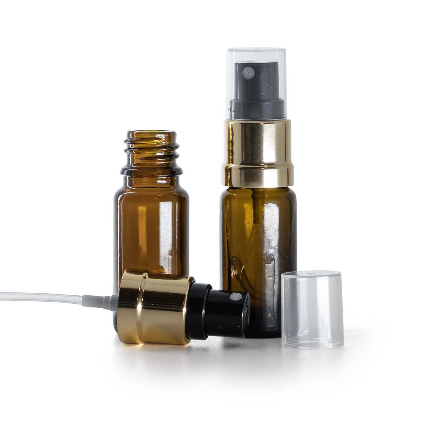 Flacon en verre ambré type B fin pompe spray noir or 10 ml