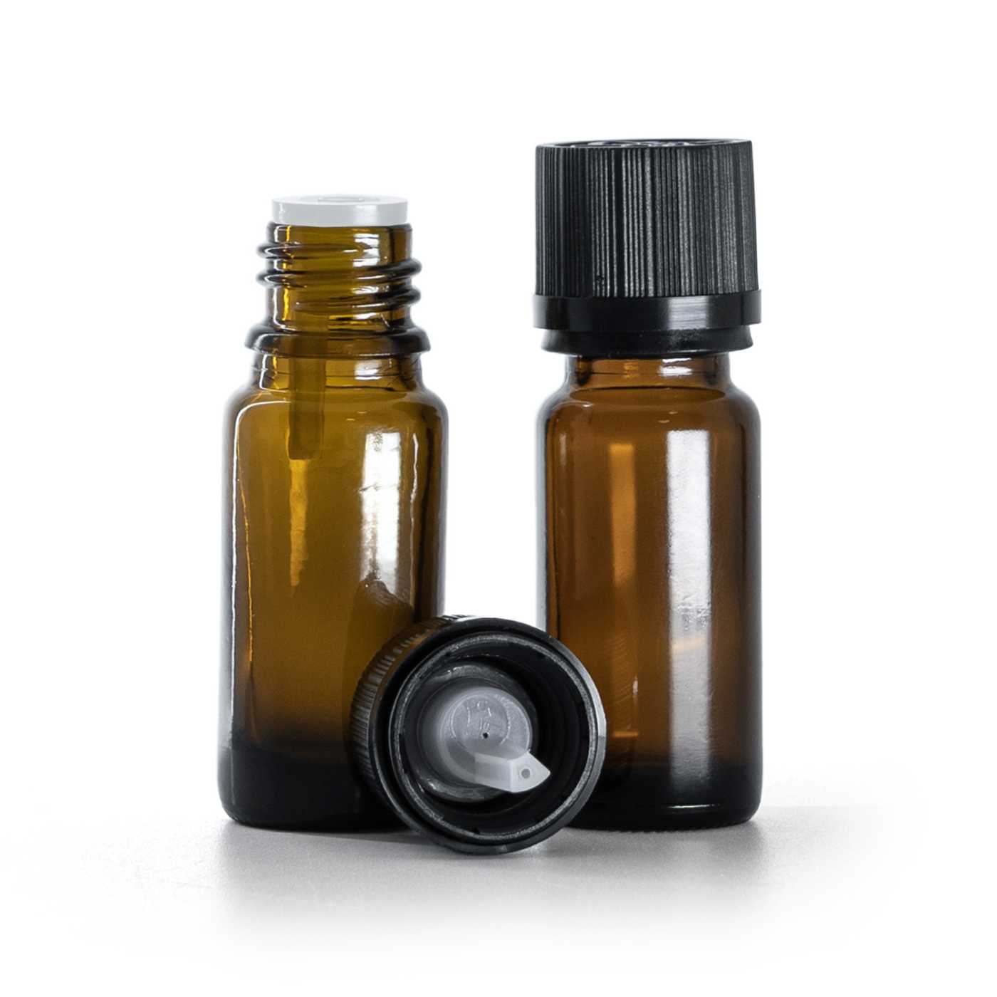 Flacon en verre ambré type B, slim, bouchon de sécurité noir 10 ml