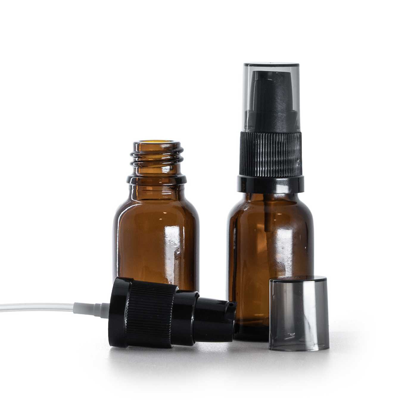 Flacon en verre brun, distributeur de crème avec surcapuchon fumé, 15 ml